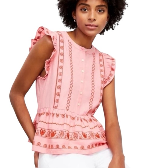 LOFT Tops - LOFT Floral Embroidered Henley Peplum Shell Top Strawberry Slush Cottagecore L